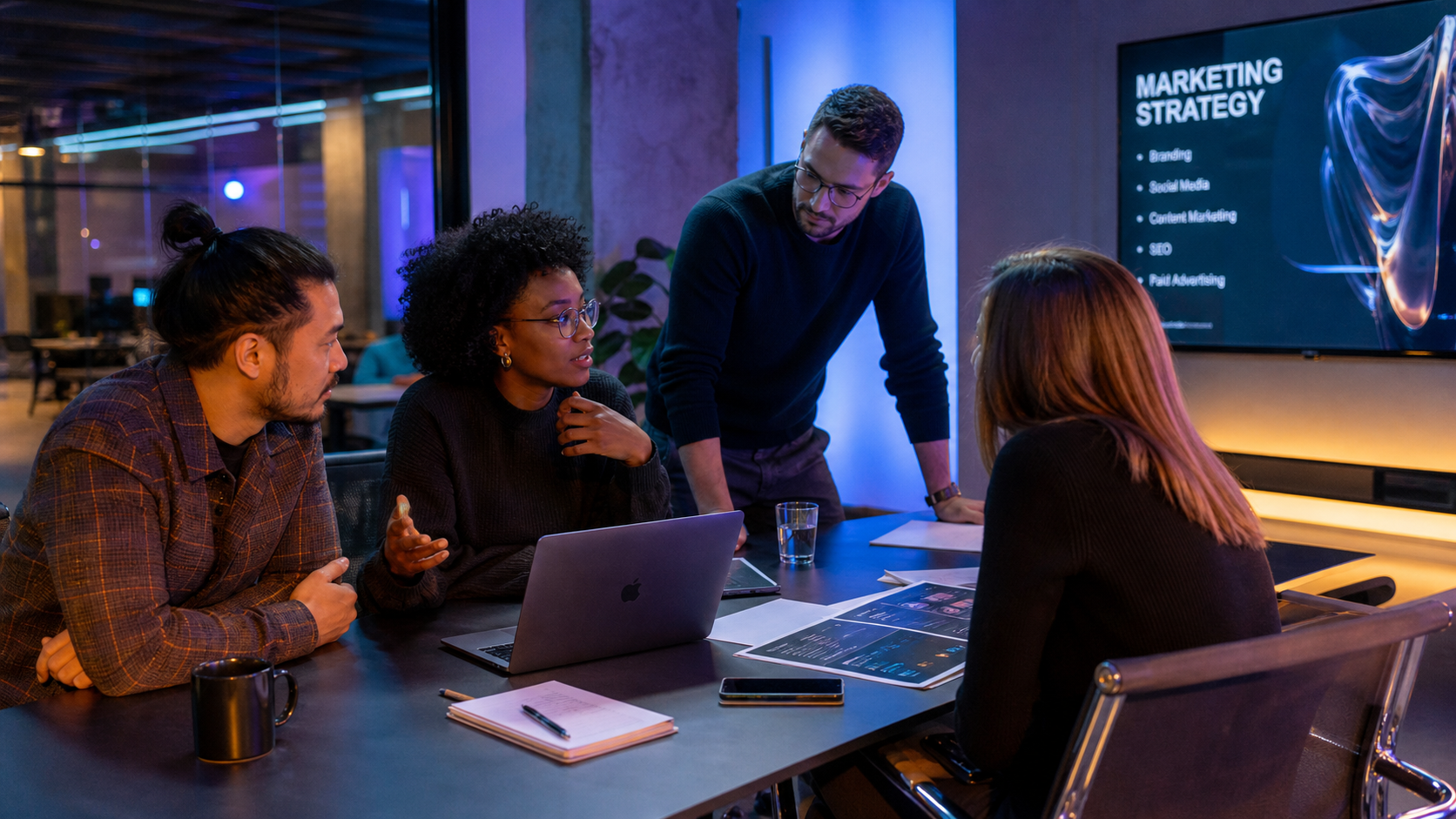 A team of digital marketing strategists discussing ad campaigns in a modern, sophisticated studio setup.