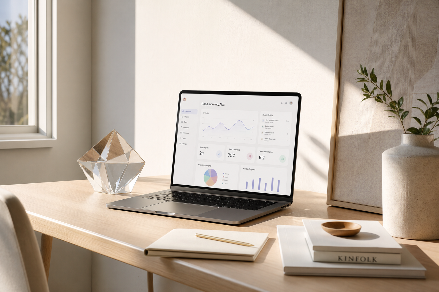 A modern laptop displaying a clean data analytics dashboard on a bright, minimalist wooden workspace.